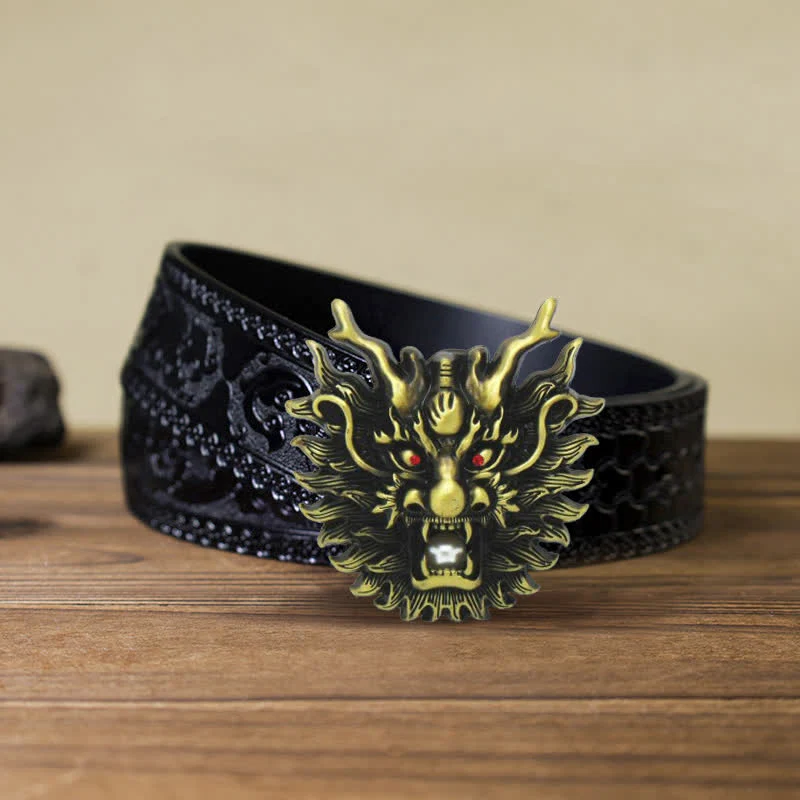 Men's DIY Fiery Dragon White Pearl Buckle Leather Belt - Image 18