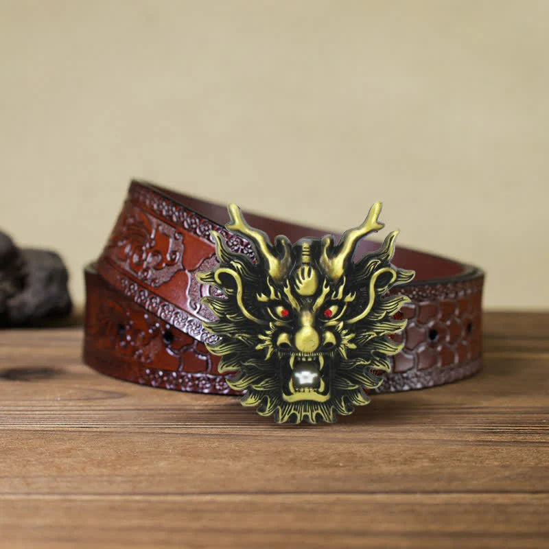 Men's DIY Fiery Dragon White Pearl Buckle Leather Belt - Image 19