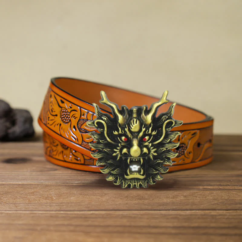 Men's DIY Fiery Dragon White Pearl Buckle Leather Belt - Image 21
