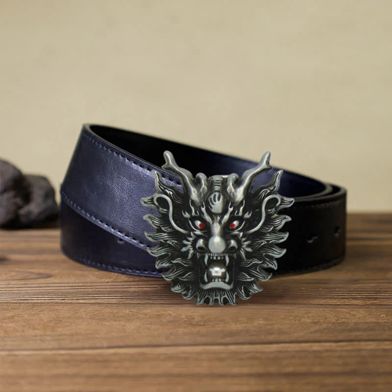 Men's DIY Fiery Dragon White Pearl Buckle Leather Belt - Image 6