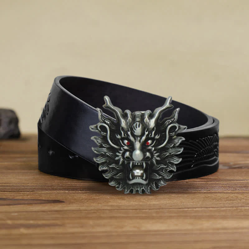 Men's DIY Fiery Dragon White Pearl Buckle Leather Belt - Image 7
