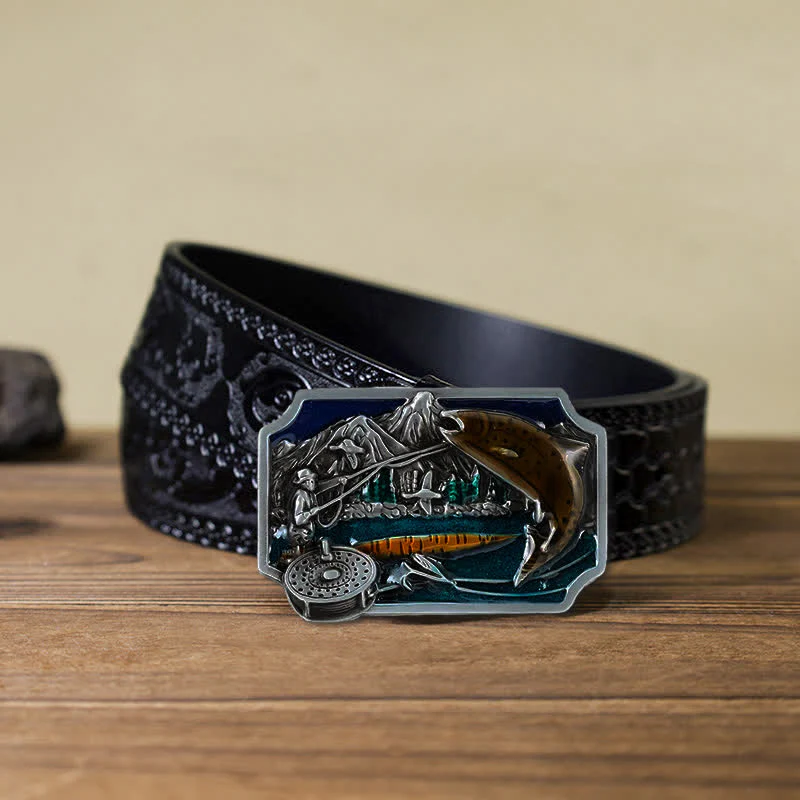 Men's DIY Fishing Enamel Rectangle Buckle Leather Belt - Image 10
