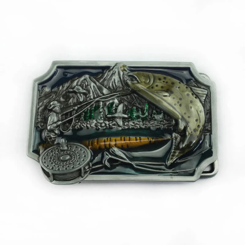 Men's DIY Fishing Enamel Rectangle Buckle Leather Belt - Image 3