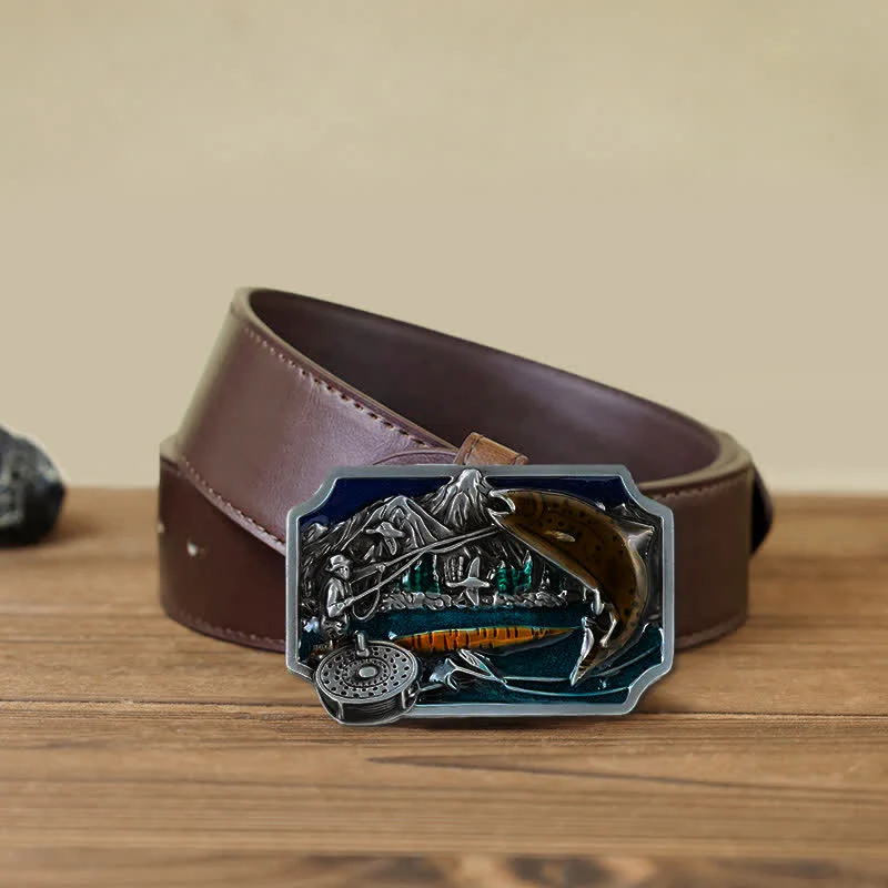 Men's DIY Fishing Enamel Rectangle Buckle Leather Belt - Image 8