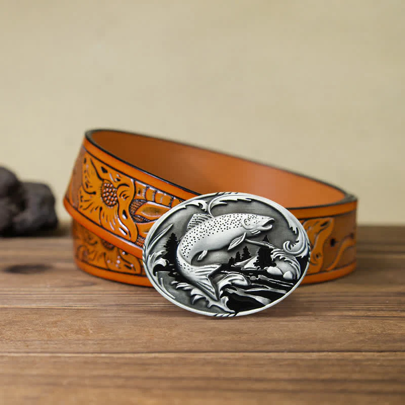 Men's DIY Fishing Wildlife Buckle Leather Belt - Image 11