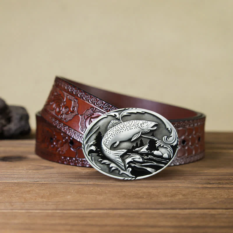 Men's DIY Fishing Wildlife Buckle Leather Belt - Image 9