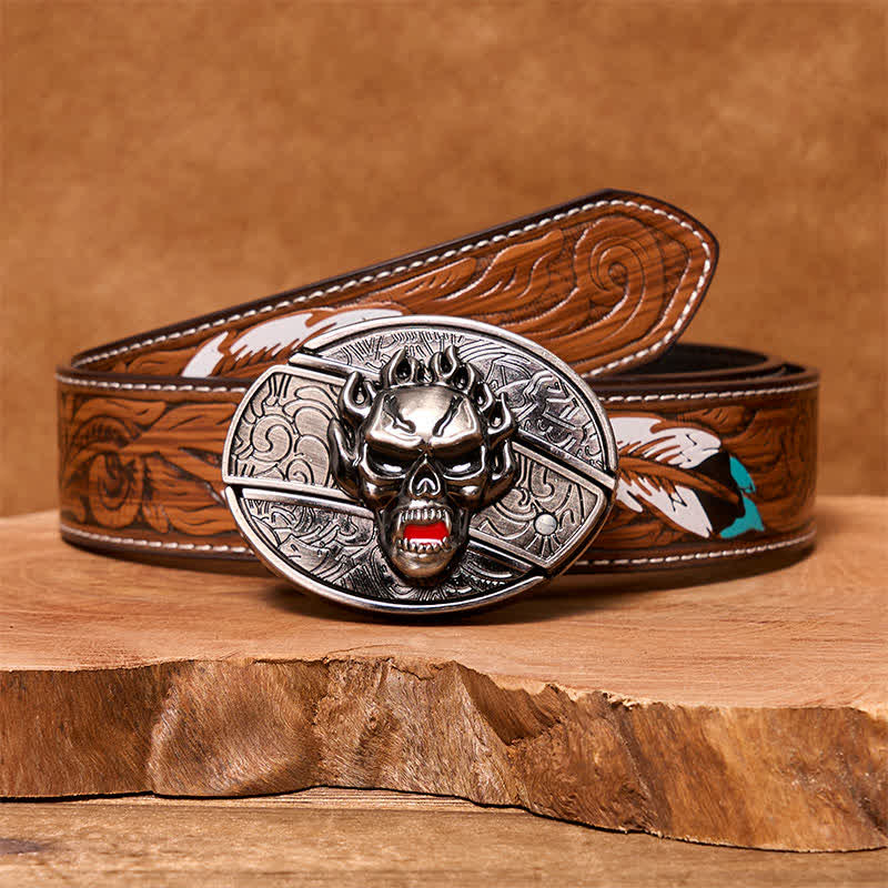 Men's DIY Flame Skull Hidden Folding Knife Leather Belt - Image 10