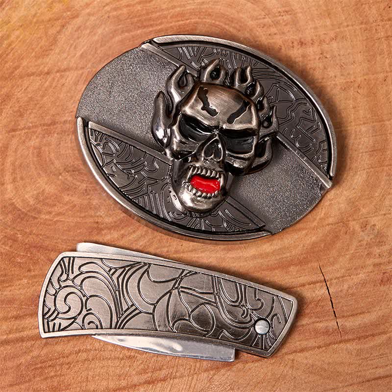Men's DIY Flame Skull Hidden Folding Knife Leather Belt - Image 3