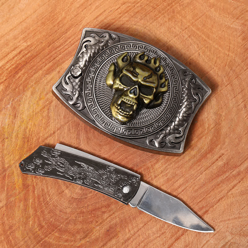 Men's DIY Flame Skull Hidden Folding Knife Leather Belt - Image 2
