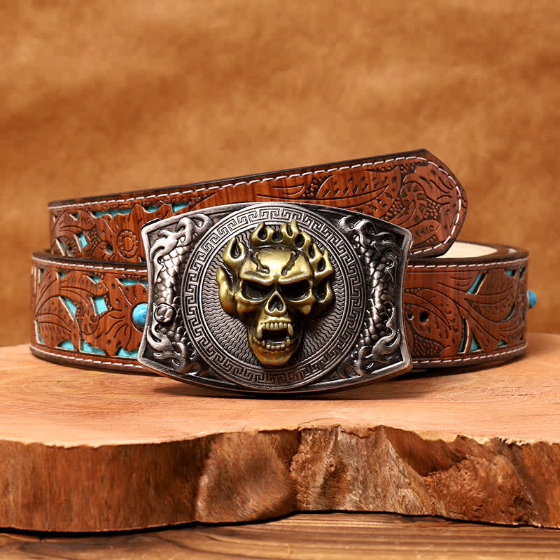 Men's DIY Flame Skull Hidden Folding Knife Leather Belt - Image 7