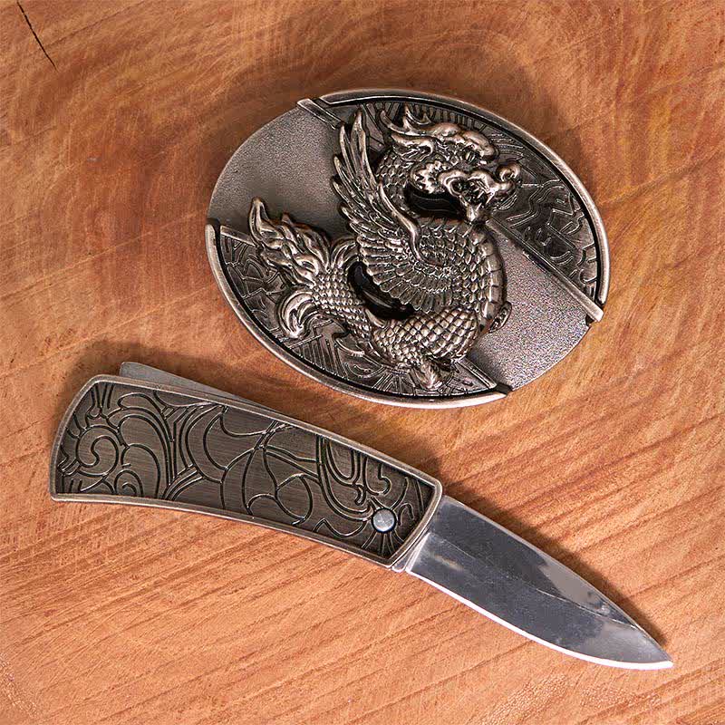 Men's DIY Flying Dragon Hidden Folding Knife Leather Belt - Image 2