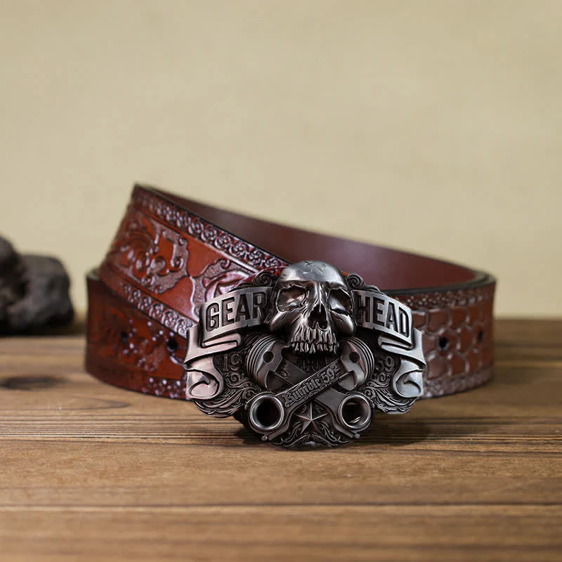 Men's DIY Gear Head Piston Skull Buckle Leather Belt - Image 12