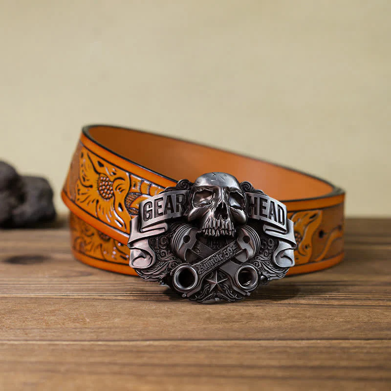 Men's DIY Gear Head Piston Skull Buckle Leather Belt - Image 16
