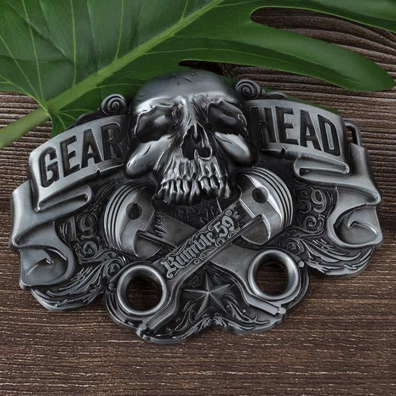 Men's DIY Gear Head Piston Skull Buckle Leather Belt - Image 3