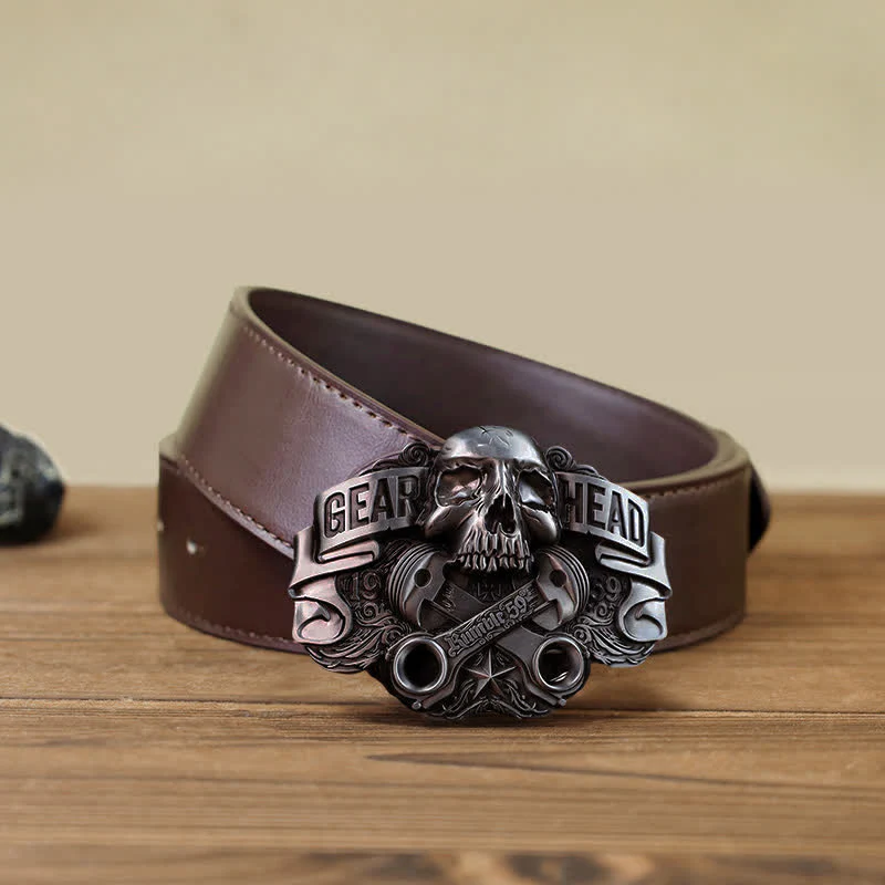 Men's DIY Gear Head Piston Skull Buckle Leather Belt - Image 8