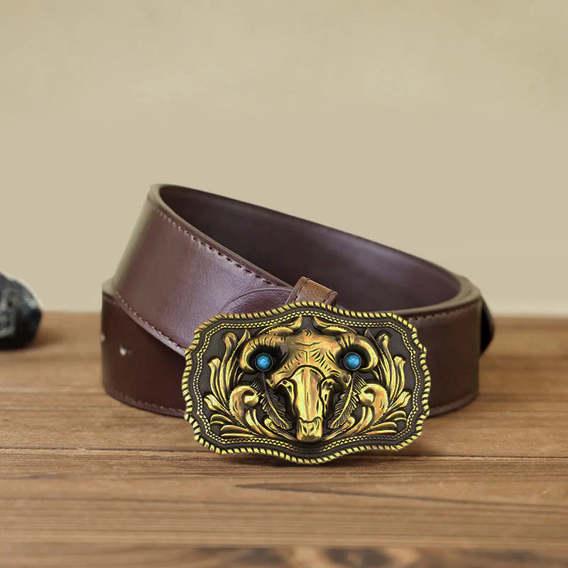 Men's DIY Goat Skull Turquoise Buckle Leather Belt - Image 10