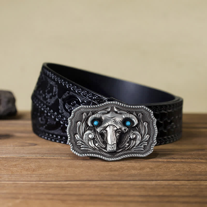 Men's DIY Goat Skull Turquoise Buckle Leather Belt - Image 11