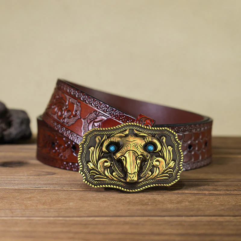 Men's DIY Goat Skull Turquoise Buckle Leather Belt - Image 14