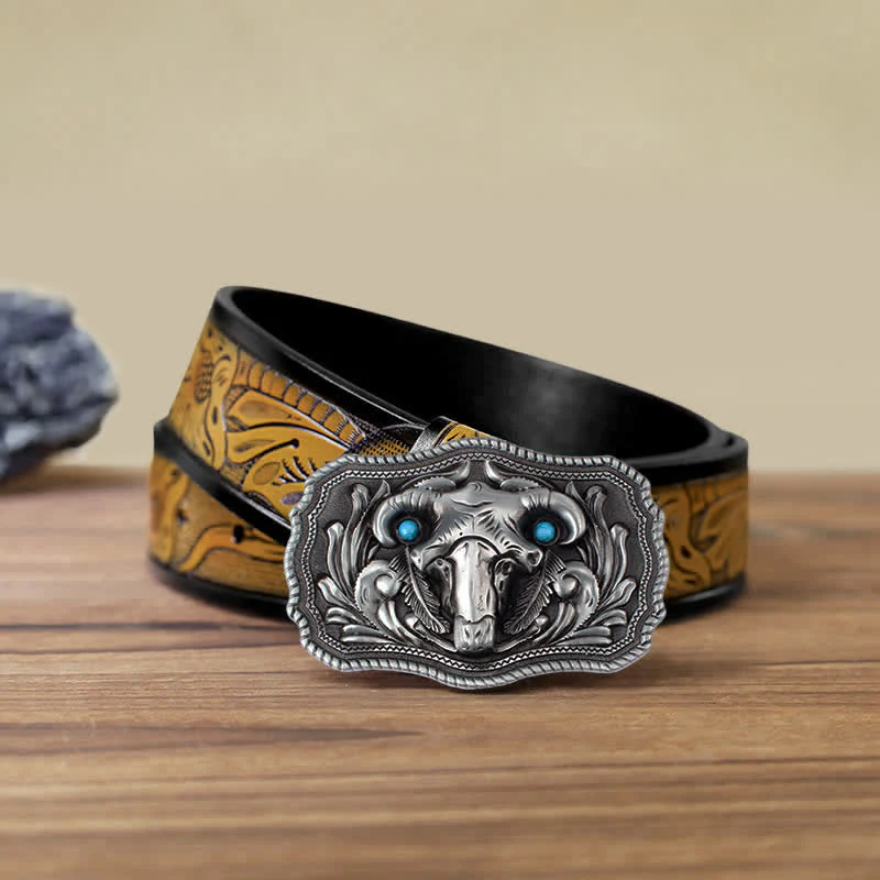 Men's DIY Goat Skull Turquoise Buckle Leather Belt - Image 15