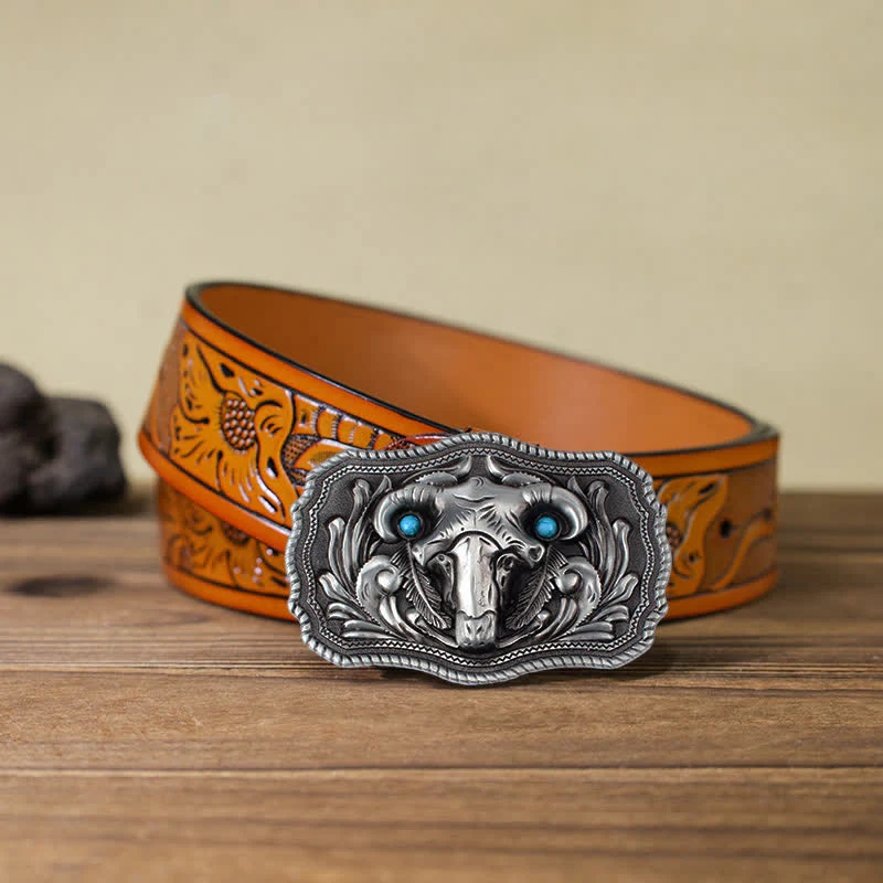 Men's DIY Goat Skull Turquoise Buckle Leather Belt - Image 17