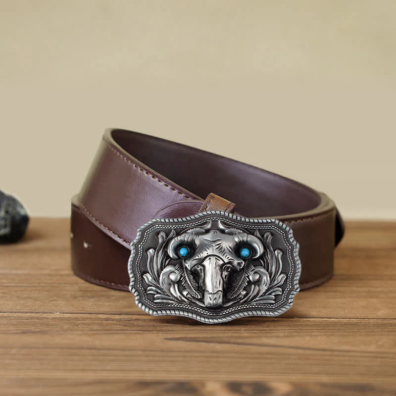Men's DIY Goat Skull Turquoise Buckle Leather Belt - Image 9