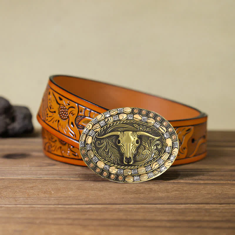 Men's DIY Gold Bull Head Beads Decor Buckle Leather Belt - Image 10