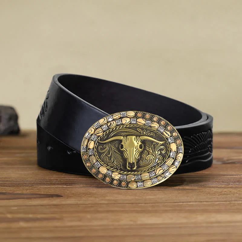Men's DIY Gold Bull Head Beads Decor Buckle Leather Belt - Image 5