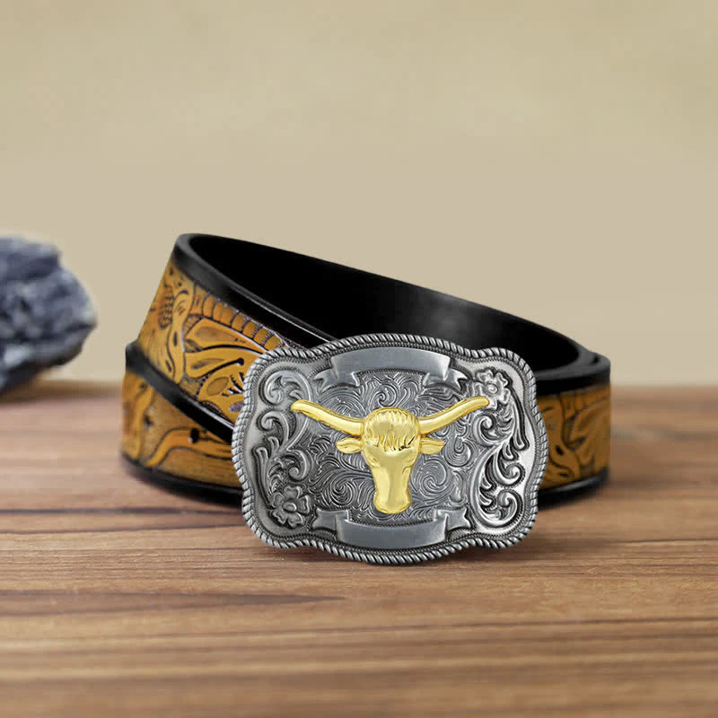 Men's DIY Gold Carving Animal Buckle Leather Belt - Image 45