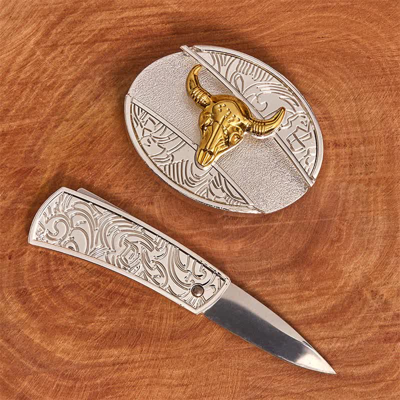 Men's DIY Gold & Silver Bull Hidden Folding Knife Leather Belt - Image 2