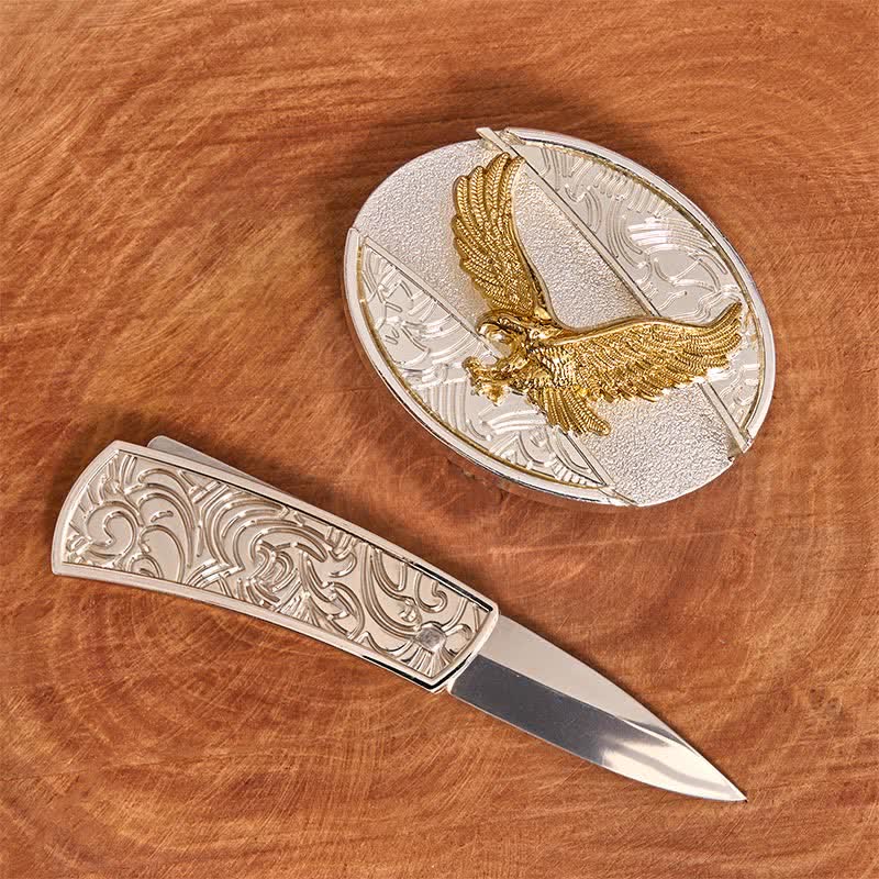 Men's DIY Gold & Silver Eagle Hidden Folding Knife Leather Belt - Image 2
