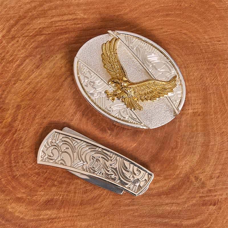 Men's DIY Gold & Silver Eagle Hidden Folding Knife Leather Belt - Image 3