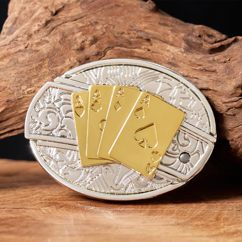 Men's DIY Gold & Silver Poker Hidden Folding Knife Buckle Leather Belt