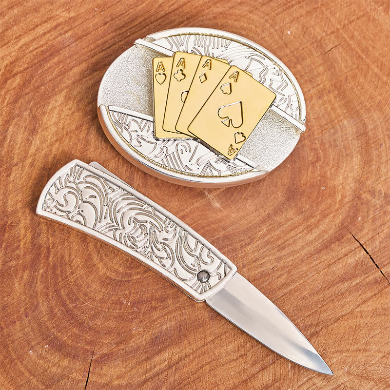 Men's DIY Gold & Silver Poker Hidden Folding Knife Buckle Leather Belt - Image 2