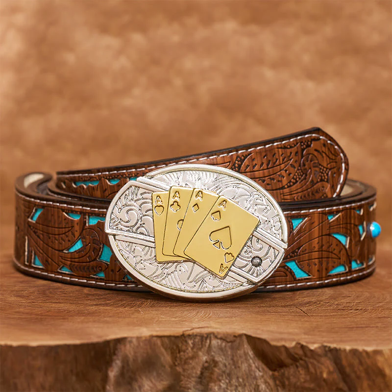Men's DIY Gold & Silver Poker Hidden Folding Knife Buckle Leather Belt - Image 6