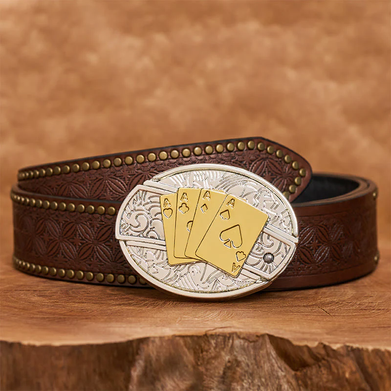 Men's DIY Gold & Silver Poker Hidden Folding Knife Buckle Leather Belt - Image 7