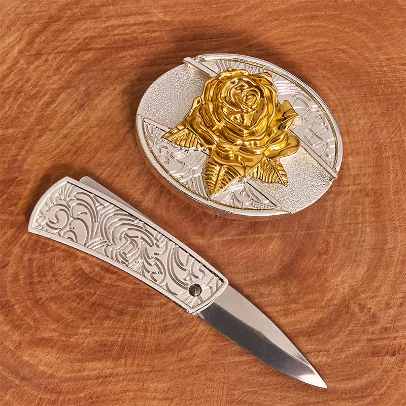 Men's DIY Gold & Silver Rose Hidden Folding Knife Leather Belt - Image 2