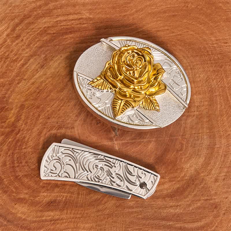 Men's DIY Gold & Silver Rose Hidden Folding Knife Leather Belt - Image 3