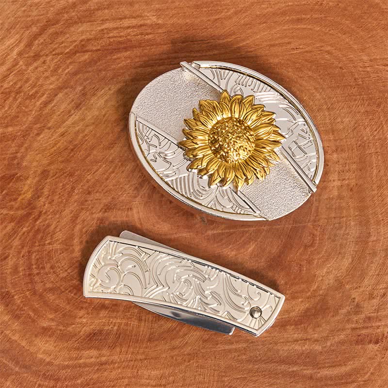 Men's DIY Gold & Silver Sunflower Hidden Folding Knife Leather Belt - Image 3