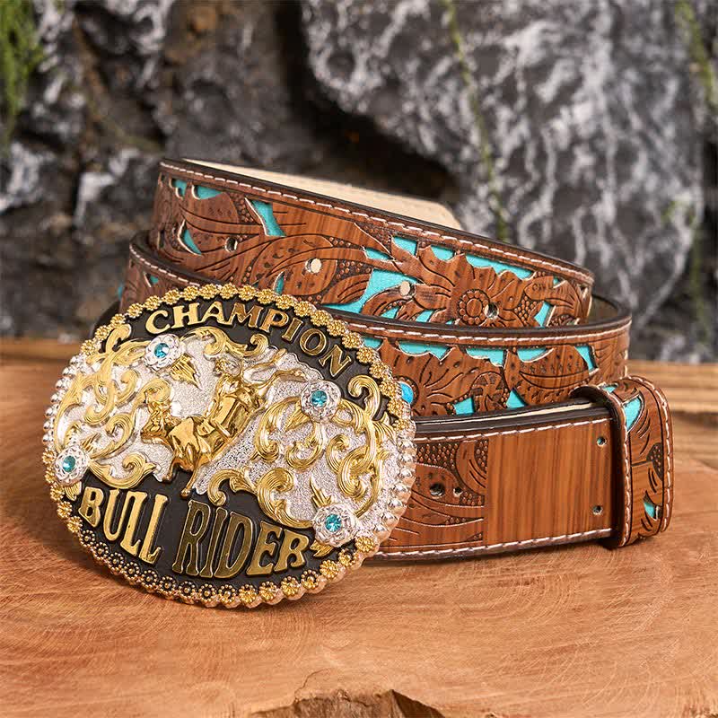 Men's DIY Shiny Golden Bull Rider Large Buckle Leather Belt - Image 2