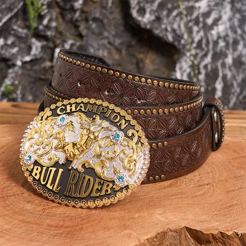Men's DIY Shiny Golden Bull Rider Large Buckle Leather Belt - Image 3