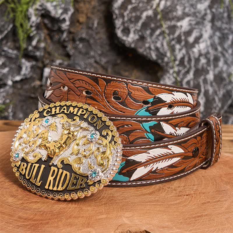 Men's DIY Shiny Golden Bull Rider Large Buckle Leather Belt - Image 6