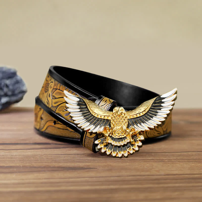 Men's DIY Golden Eagle Spread Wings Buckle Leather Belt - Image 15