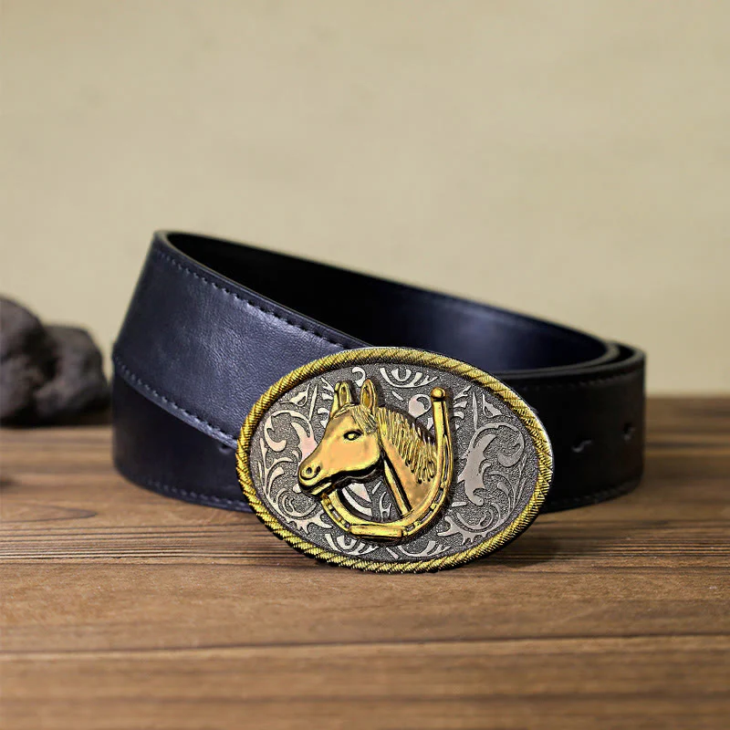 Men's DIY Golden Horseshoe Buckle Leather Belt - Image 4