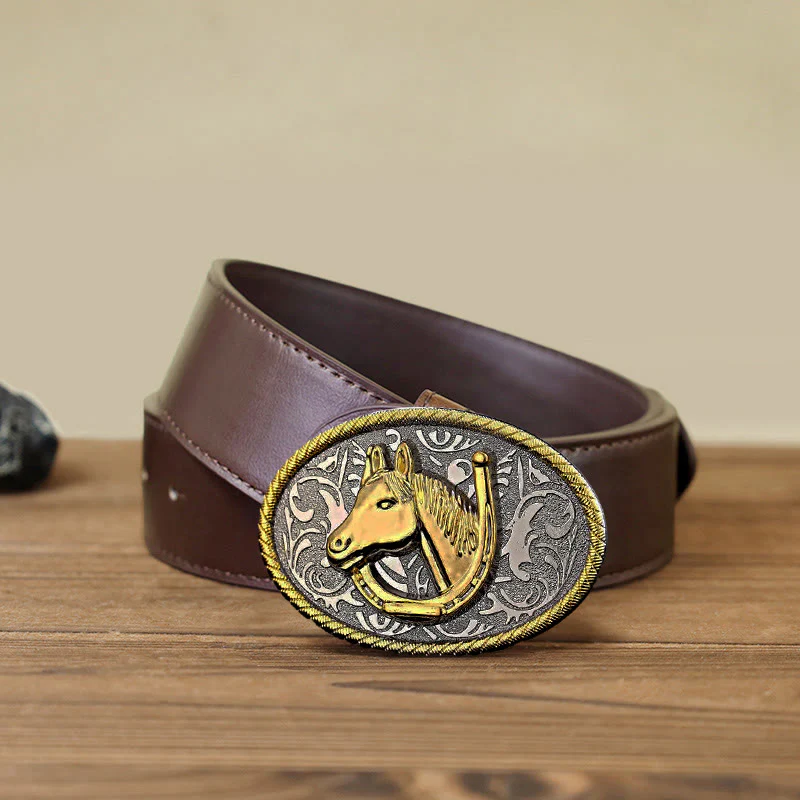 Men's DIY Golden Horseshoe Buckle Leather Belt - Image 7