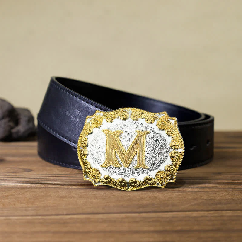 Men's DIY Golden Initial Letter Buckle Leather Belt - Image 4