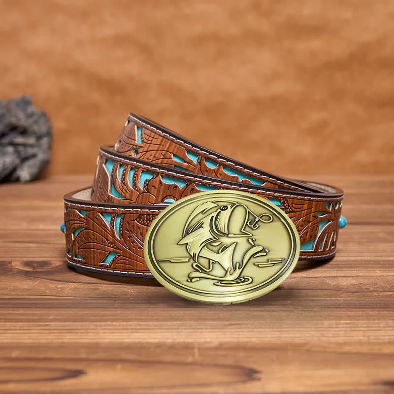Men's DIY Gone Fishing Creative Beer Holder Buckle Leather Belt - Image 16