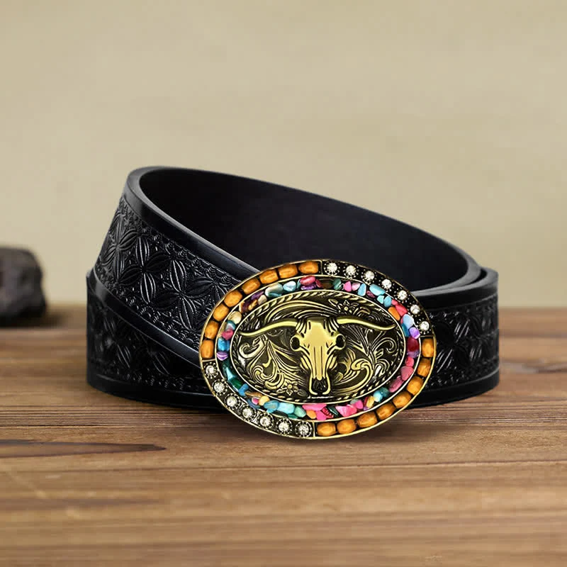 Men's DIY Good Luck Bull Wood Beads Buckle Leather Belt - Image 5