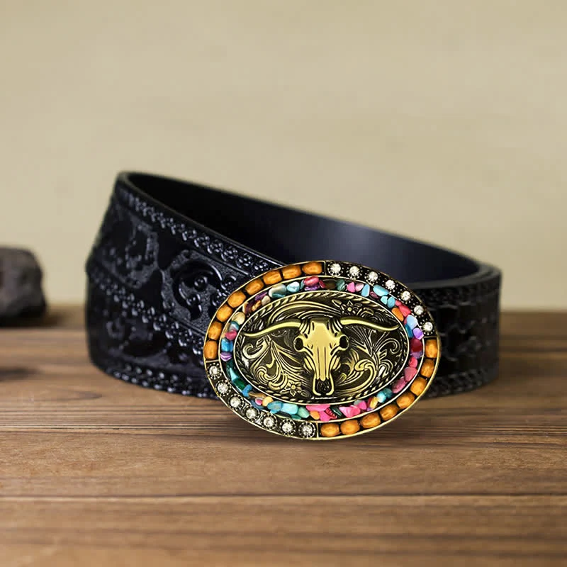 Men's DIY Good Luck Bull Wood Beads Buckle Leather Belt - Image 6