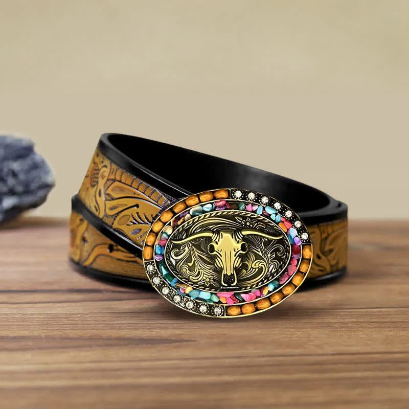 Men's DIY Good Luck Bull Wood Beads Buckle Leather Belt - Image 8