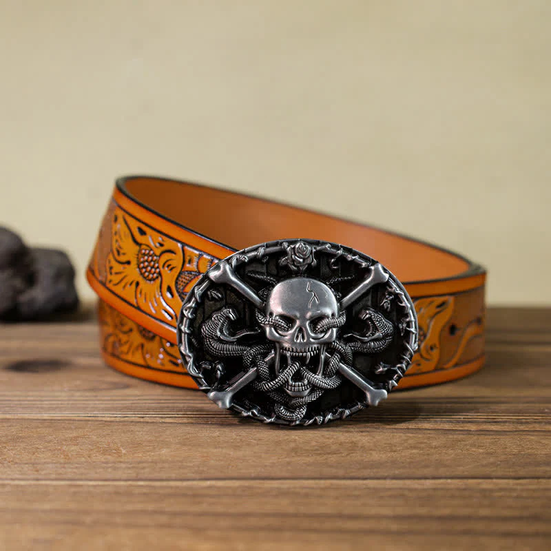 Men's DIY Gothic Cross Skull Snake Buckle Leather Belt - Image 15